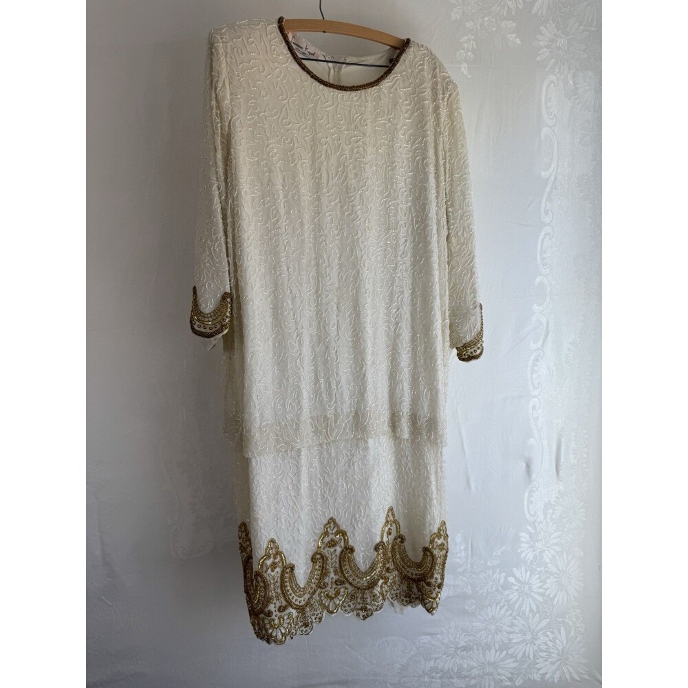 Laurence Kazar Wedding Ivory Gold Sequin Beaded Lace Blazer Jacket 2XL